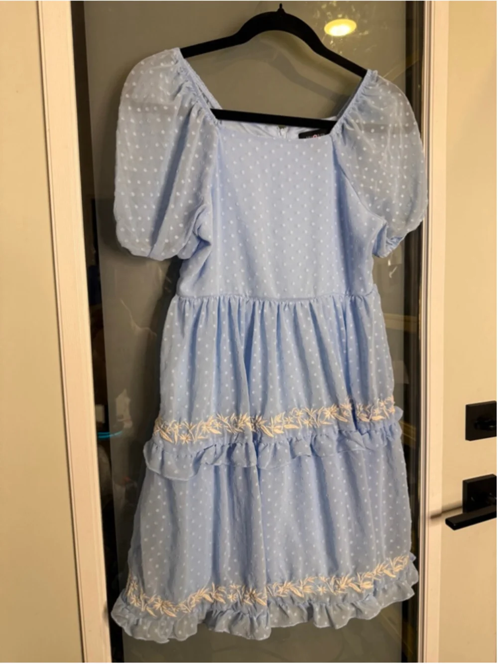 AMY BYER Light Blue Polka Dot Mini Dress with White Embroidery, Size 14